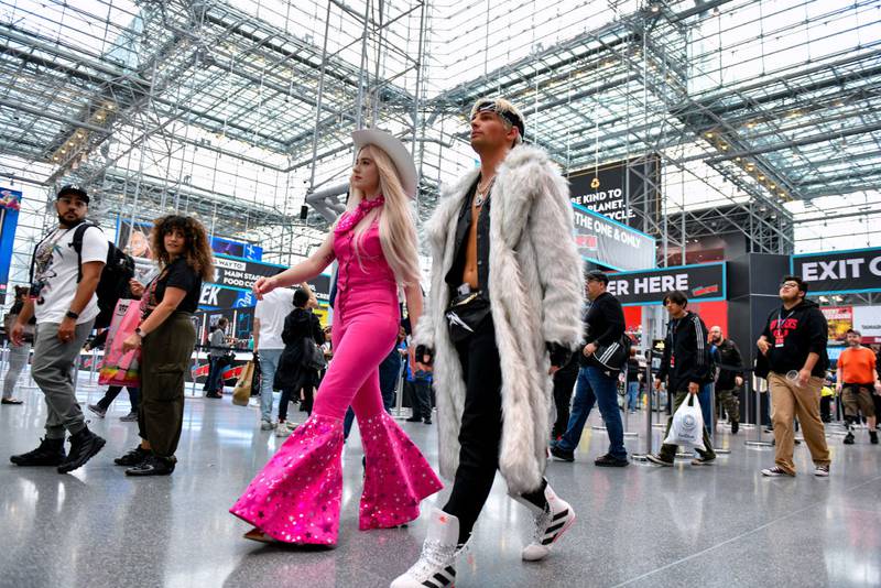 NEW YORK, NEW YORK - OCTOBER 14: Cosplayers pose as Barbie and Ken during New York Comic Con 2023 - Day 3 at Javits Center on October 14, 2023 in New York City. (Photo by Craig Barritt/Getty Images for ReedPop)