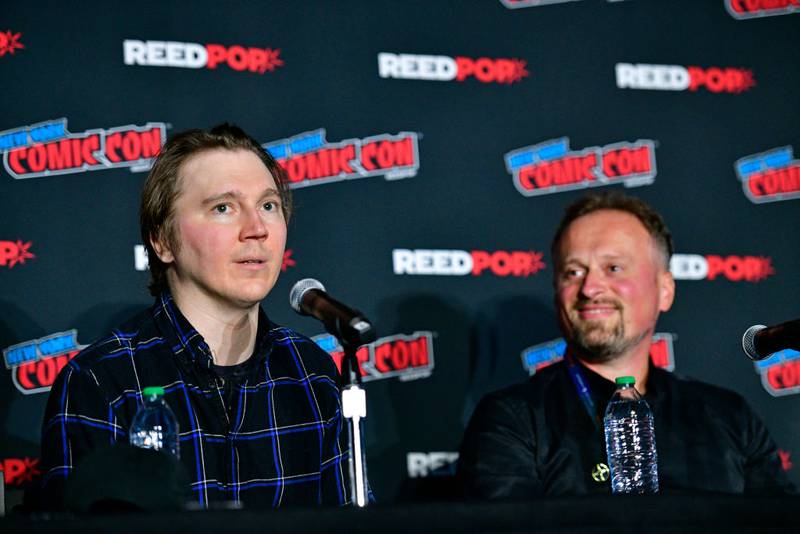 NEW YORK, NEW YORK - OCTOBER 14: Paul Dano and Stevan Subic speak at The Riddler: Year One panel during New York Comic Con 2023 - Day 3 at Javits Center on October 14, 2023 in New York City. (Photo by Eugene Gologursky/Getty Images for ReedPop)